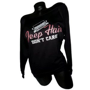 Jeep Hair Don't Care! Black Scoop Neck Rawedge Top